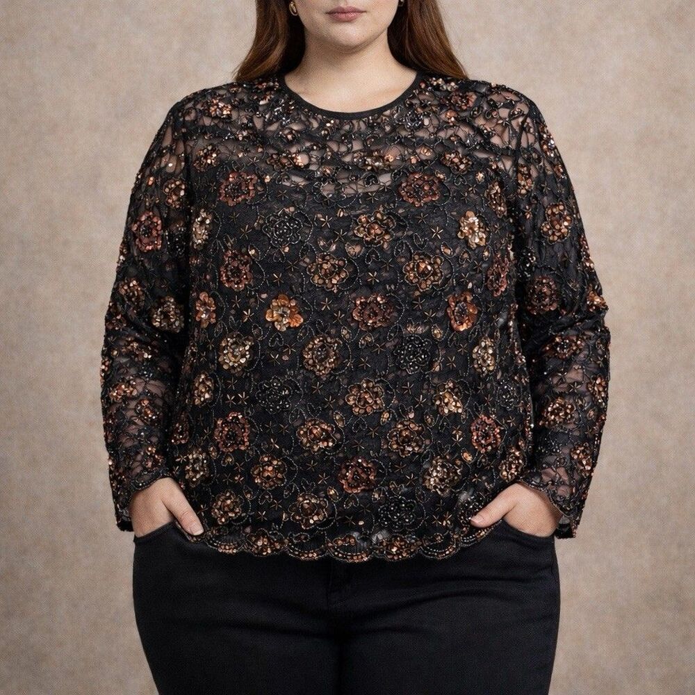 Joseph Le Bon Embellished Lace Top Women 18 Black Floral Sequin Evening Party
